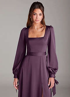 Azazie Leonia Bridesmaid Dresses Plum A-Line Long Sleeve Stretch Satin Dress image6