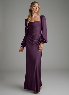 Azazie Brianna Vestidos de damas de honor Vestido Ciruela de Satén Elástico de Corte Sirena con Corsé image1