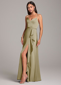 Azazie Naeem Robes de demoiselle d'honneur Robe Trapèze en Satin extensible Vert Mousse image3