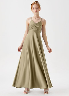 Azazie Avelina Junior Moss Green A-Line Pleated Stretch Satin Dress image1