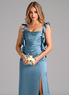 Azazie Jessamine Bridesmaid Dresses Steel Blue A-Line Corset Stretch Satin Dress image7