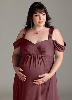 Azazie Rhea vestidos de dama de honor de maternidad Vestido de Corte En A Off The Shoulder Plisado Hasta el suelo Satén Elástico image12