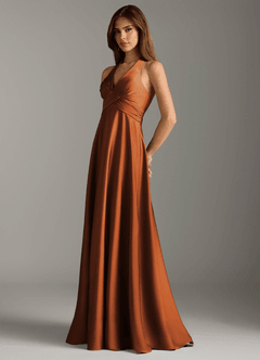 Azazie Tessie Bridesmaid Dresses Cinnamon A-Line Pleated Stretch Satin Dress image5