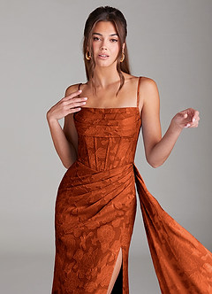 Azazie Denisa Bridesmaid Dresses Paprika Sheath Pleated Floral Burnout Dress image6
