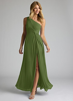 Azazie Brooke Robes de demoiselle d'honneur Robe Trapèze en Maille Ue épaule Olive image2