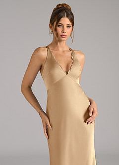 Azazie Tianna Bridesmaid Dresses Champagne A-Line Stretch Satin Dress image7