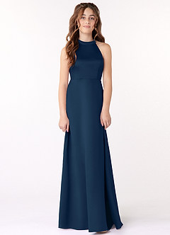Azazie Laurel Junior Vestido de Azul Marino Oscuro de Satén Elástico de Corte En A image1