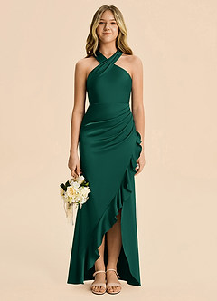 Azazie Thea Junior Emerald Sheath Ruched Stretch Satin Dress image3