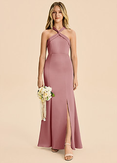 Azazie Rue Junior Robe Sirène en Satin extensible Plissé Rose Poussiéreuse image4