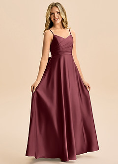 Azazie Rumi Junior A-Line Plisseret Stræk satin Gulv-længde Junior brudepige Kjole image5