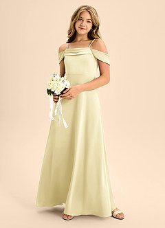 Azazie Anselie Junior Lemon Sorbet A-Line Off the Shoulder Stretch Satin Dress image1