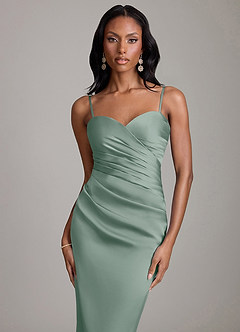 Azazie Sonora Vestidos de damas de honor Vestido de Salvia Plateada de Satén Elástico de Corte Recto con Sin tirantes image3