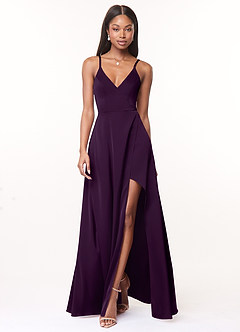 Azazie Maksim Brautjungfernkleider A-Linie V-Hals Stretch-Satin Kleid Traube image1