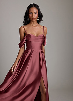 Azazie Loisa Abiti da Damigella Abito A-Line in Raso Elasticizzato a Spalla Scoperta Merlot image3
