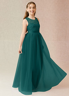 Azazie Georgette Junior Peacock A-Line Lace Tulle Dress image4
