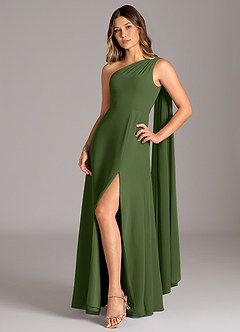 Azazie Tella Bridesmaid Dresses Olive A-Line One Shoulder Chiffon Dress image3