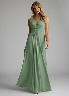 Azazie Gina Bridesmaid Dresses Matcha A-Line V-Neck Pleated Chiffon Dress image1
