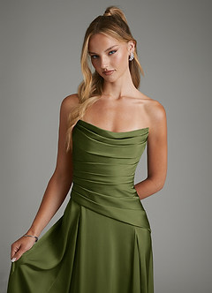 Azazie Gabriela Bridesmaid Dresses Olive A-Line Corset Stretch Satin Dress image4