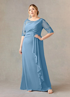 Azazie Dionysus vestidos de madre de la novia Vestido de Azul Acero de Gasa de Corte En A con Encaje cuello barco image6