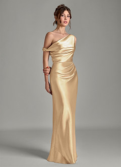 Azazie Emerson Bridesmaid Dresses Champagne Mermaid Off the Shoulder Metallic Satin Dress image5