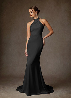 Azazie Tulipa Wedding Dresses Black Sheath High Neck Stretch Satin Dress image1