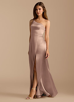 Azazie Trina Brautjungfernkleider A-Linie One-Shoulder Metallischer Satin Kleid Taupe image1