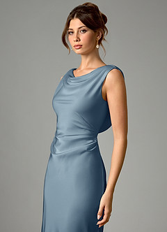 Azazie Kieryn Bridesmaid Dresses Dusty Blue Mermaid Pleated Stretch Satin Dress image4