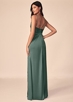 Azazie Aqua Robes de demoiselle d'honneur Robe Trapèze en Satin extensible Col V plissé Mousse De Mer image3
