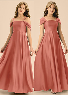 Azazie Rowena Junior Salmon Pink A-Line Bow Stretch Satin Dress image1