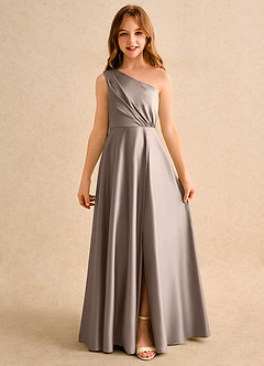 Azazie Puddles Girls Formal Jurken voor bloemenmeisjes A-Lijn Jurk van Mat Satijn One-Shoulder Taupe image4