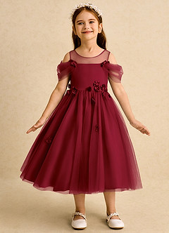 Azazie Juni Flower Girl Dresses Burgundy Ball-Gown Pleated Tulle Dress image4