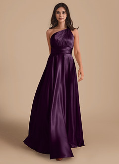 Azazie Charlize Bridesmaid Dresses Plum A-Line One Shoulder Metallic Satin Dress image1