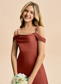 Azazie Lettie Junior Linia A Zza ramienia Satyna elastyczna Długość podłogi Młodsza druhna Sukienka image5