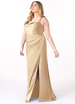Azazie Marzia Bridesmaid Dresses Champagne Sheath Cowl Pleated Stretch Satin Dress image9