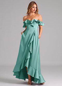 Azazie Lyra Jurken voor bruidsmeisjes Converteerbaar Jurk van Stretch Satijn met A-Lijn Off the Shoulder Aqua image3