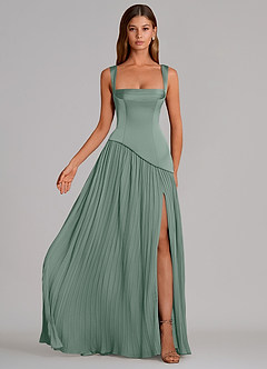 Azazie Stephanie Vestidos de damas de honor Vestido de Salvia Plateada de Satén Elástico de Corte en A con Plisado image4