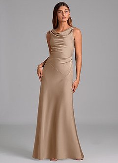 Azazie Nerine Bridesmaid Dresses Taupe A-Line Pleated Stretch Satin Dress image3