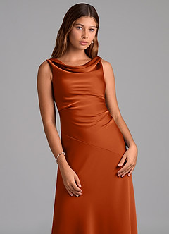 Azazie Nerine Jurken voor bruidsmeisjes Jurk van Stretch Satijn met A-Lijn Geplooid Verbrande Sinaasappel image6