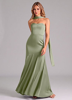 Azazie Shiloh At-home Try On Dresses Dusty Sage Mermaid Strapless Stretch Satin Convertible Dress image4