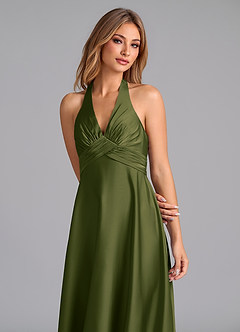 Azazie Tessie Bridesmaid Dresses Bright Olive A-Line Pleated Stretch Satin Dress image6