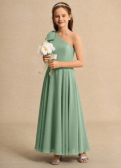 Azazie Guppy Girls Formal Robe Demoiselle D'honneur Fillette Robe Trapèze en Mousseline de soie Une épaule Matcha image6