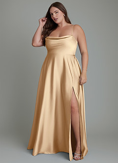 Azazie Elle Bridesmaid Dresses Champagne A-Line Pleated Stretch Satin Dress image12