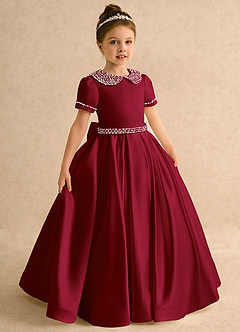 Azazie Gabriella Flower Girl Dresses Burgundy Ball-Gown with Sleeves Matte Satin Dress image5