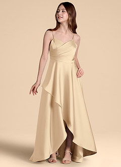 Azazie Prisha Junior Jurk van Stretch Satijn met A-Lijn Geplooid Champagne image4