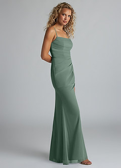 Azazie Teyana Bridesmaid Dresses Eucalyptus Sheath Square Neckline Pleated Mesh Dress image4