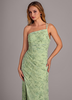 Azazie Eren Vestidos de damas de honor Vestido de Floral Helecho Verde de Gasa de Corte Recto con Hombro unilateral image3