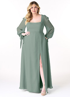 Azazie Leonia Brautjungfernkleider A-Linie Langarm Chiffon Kleid Silberner Salbei image11