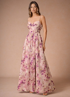 Lumi Mauve Floral A-Line V-Neck Pleated Chiffon Dress | Azazie