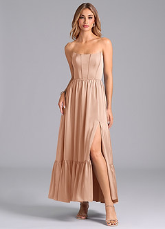 Azazie Leilana Bridesmaid Dresses Rose Gold A-Line Corset Stretch Satin Dress image3
