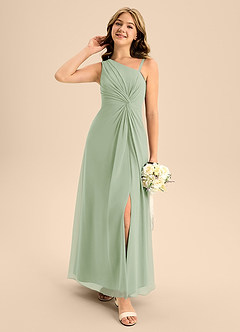 Azazie Brooke Junior Robe Trapèze en Mousseline de soie Fente Latérale Vert Sauge image3